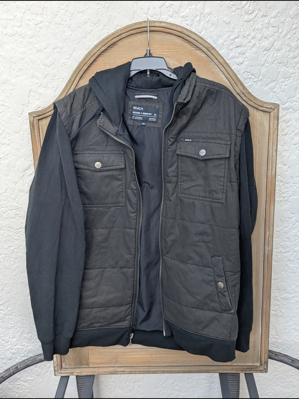 RVCA Black Quilted Hooded Jacket with Knit Sleeves